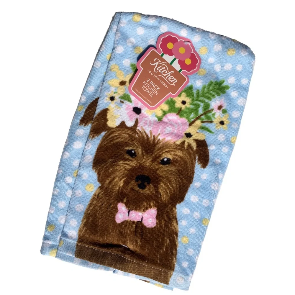 Terrier Floral Crown Puppy Dog Print Kitchen Towels, 2-ct